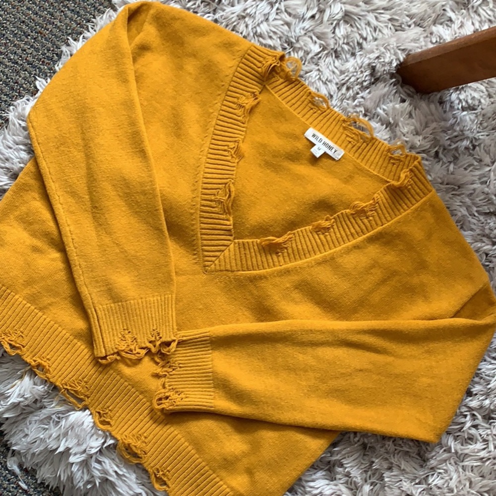 Gold distressed v neck sweater